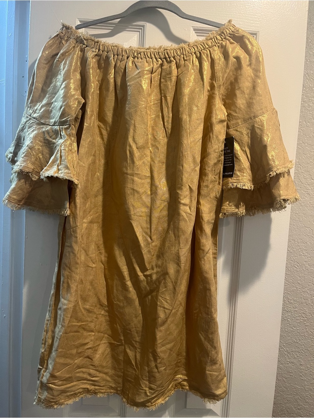Boston Proper Gold Off-Shoulder Ruffle-Sleeve Dress